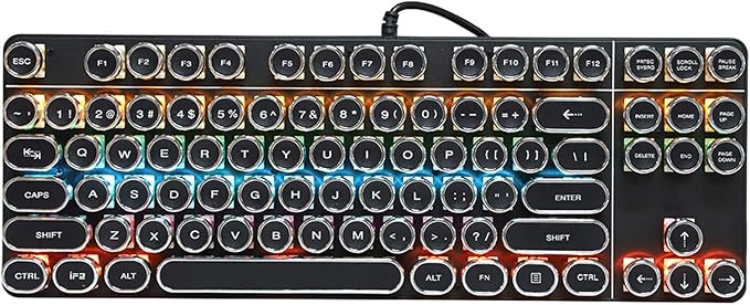 Mechanical Gaming Keyboard Retro Punk Typewriter Style USB Wired Computer Keyboard with RGB Backlit and Round Keycaps Plug and Play Black Ergonomic PC Keyboard for Laptop