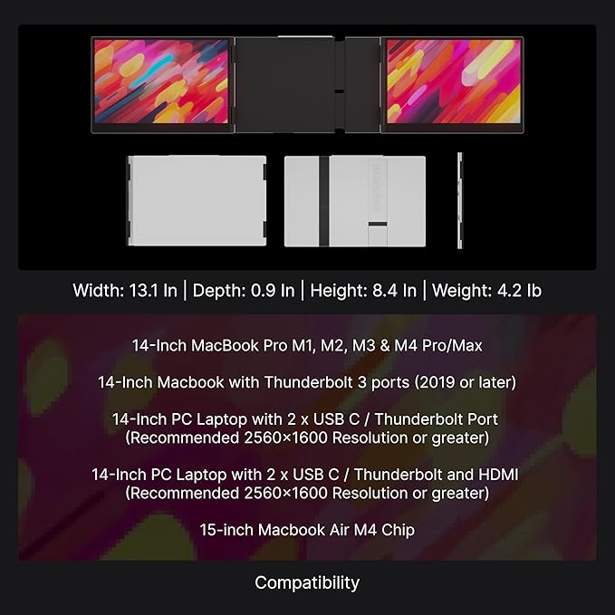 14 Pro Triple Laptop Glass Screen Extender Dual 14 2k Portable Monitors 144Hz 100% DCI-P3 500 Nits Aluminum Finish for 14 MacBook Pro &amp Windows for Gaming Creators &amp Professional