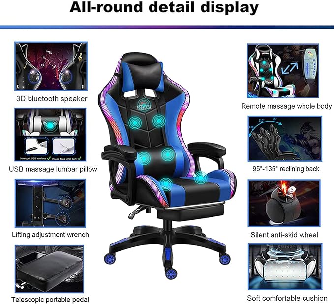 XOOFMASS Gaming Chair with Speakers Ergonomic Massage Gaming Chair with Massage Function Video Game Chairs with LED Light Swivel Racing Computer Chair 90°-135° Adjustment of BackrestWhite