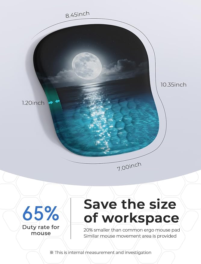 Blue Ocean and Moon Aesthetic Ergonomic Mouse Pad for Carpal Tunnel Pain Relief 65% Usable Mouse Area Memory Foam Concave Wrist Rest for Office PC Gaming