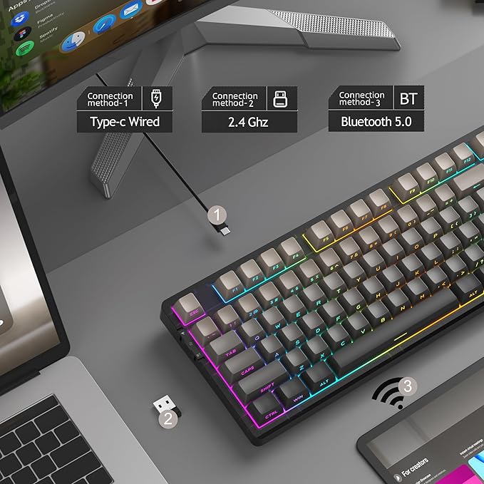 MageGee LIGHT87 Wireless Creamy Keyboard Gasket Structure RGB Backlit 2.4G/USB-C/BT5.0 Hot Swappable Mechanical Gaming Keyboard for Win/Mac/PC 8000mAh Battery Side Printed PBT Keycaps Black