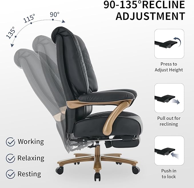 Big and Tall Executive Office Chair with Footrest 400LBS Capacity Ergonomic High-Back Desk Office Chair with Lumbar Support Padded Armrests &amp Thick Cushion Black PU Leather Chairs
