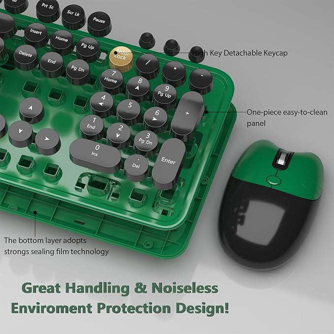 Kootop Wireless KeyboardCute Colorful 104 Keys Typewriter Retro Round Keycaps Keyboard for PC LaptopDesktopWindows Home and Office Keyboards (Black Green)