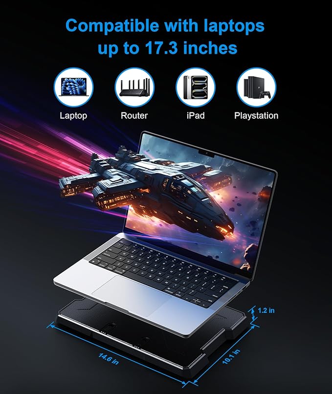Laptop Cooling Pad Laptop Cooler with 6 Quiet Fans Up to 17.3 Inch Heavy Notebook Cooler Stand 8 Levels of Tilt Two Levels of Height Adjustable (Black)
