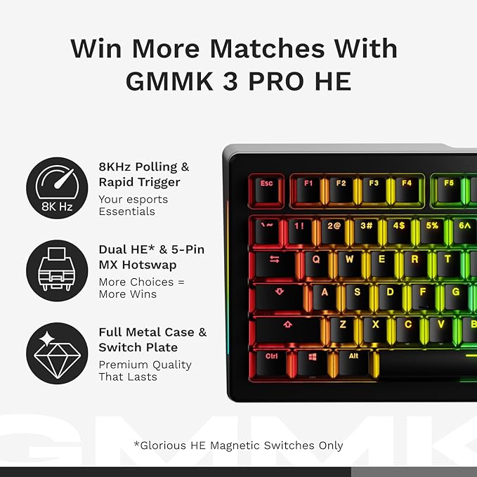 Glorious Gaming - GMMK 3 PRO HE: Wireless Gaming Keyboard Rapid Trigger Hall Effect Aluminum Body 8K Polling Rate Hotswap MX &amp Magnetic Switches Adjustable Actuation ANSI 75% Tenkeyless (Bla
