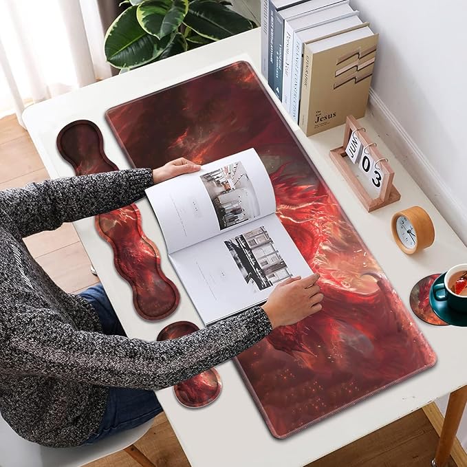 Large XXL Gaming Desk Mat 31.5x 11.8 Ergonomic Keyboard Wrist Rest &amp Mouse Pad Wrist Rest + Coaster Set Non-Slip Base Memory Foam Office and Home Red Dragon