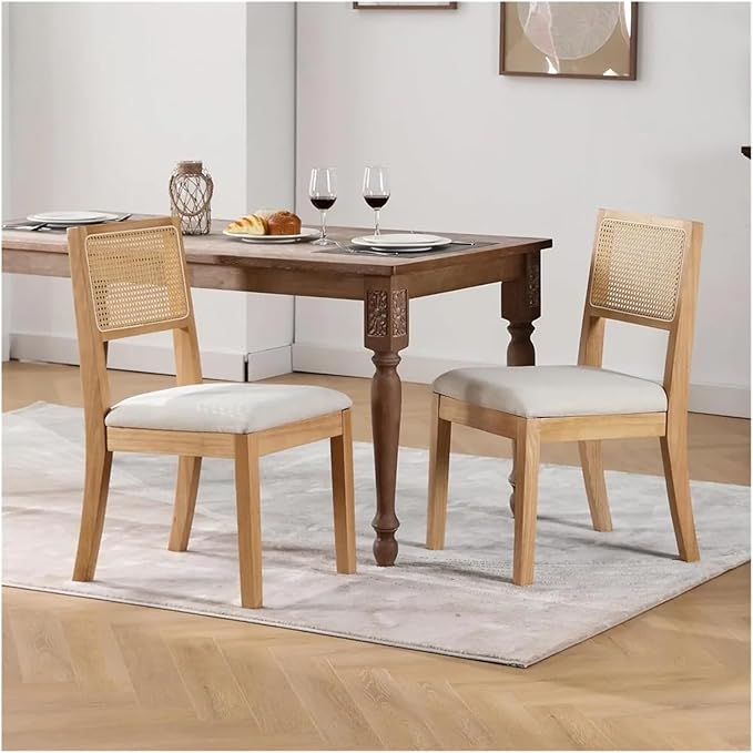 Adjustable Office Computer Chair with Armrest 1pcs Rattan Backrest Dining Chairs with Upholstered Cushion Solid Wood Frame and Legs(White)