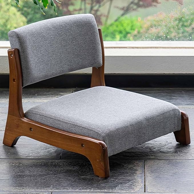 ELEFOCUS Japanese Tatami Chair for The Living Room – Low Chair Made of Solid Timber with Comfortable high-Resilient Foam Cushion(Light Gray2)