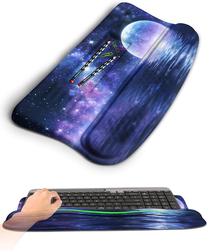 Ergonomic Wave Wrist Rest with Keyboard Stand Cushioned Palm Rest Comfortable Integrated Memory Foam for Natural Typing and Relieve Wrist Pain Moon and Starry Sky