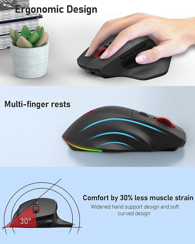 Redragon Large Wireless Gaming Mouse for Big Hands Tri-Modes 2.4G/Bluetooth/Wired Rechargeable Ergo RGB Mouse with 2 Side Buttons 6 Backlit Modes Programmable Macro Gamer Mouse