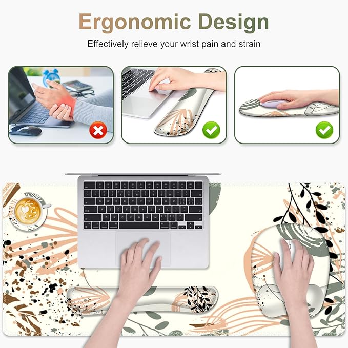 Large Mouse Pad with Wrist Support 4 in1 Set XXL Big Game Mousepad + Keyboard Wrist Rest+Mouse Wrist Rest+Coaster Ergonomic Gaming Mat for Home Office Table Computer I Modern Boho Leaves