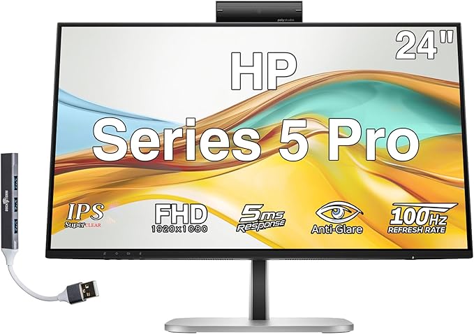 HP Series 5 Pro 24 FHD IPS Monitor with 5ms Response Time Anti-Glare Flicker Free 350 nits Brightness VESA Mount (100mm) Displayport HDMI &amp Dockztorm USB Port Expander Black/Silver