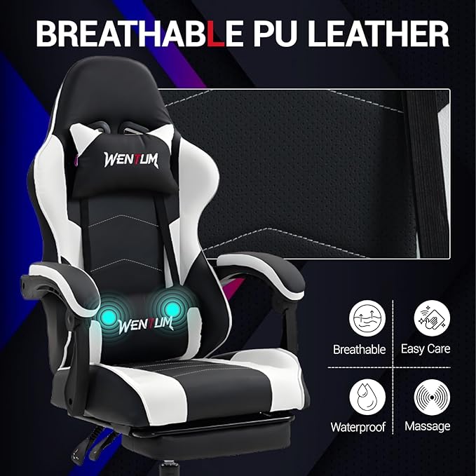 Gaming Chair with Footrest for Adults - PU Leather Video Game Chair w/Massage Lumbar Support for Men Women Ernogomic Computer Gamer Chair for Home Office Height Adjustable White