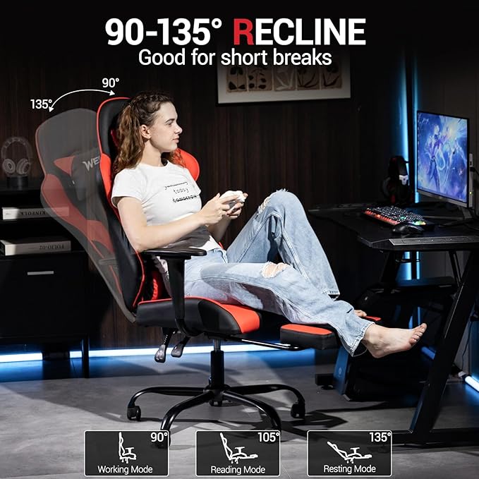 Gaming Chair with Footrest Ergonomic PC Desk Chair with Headrest and Massage Lumbar Support Video Game Chair w/Height Adjustable High Back for Home Office Red
