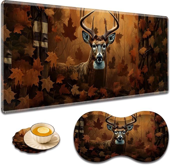 Large Game Mouse Pad + Wrist Support Pad + Coffee Coaster Desk Pad with Sewn Edges Anti-Slip Set pad Suitable for Office Work and Home - Camo Flag Deer
