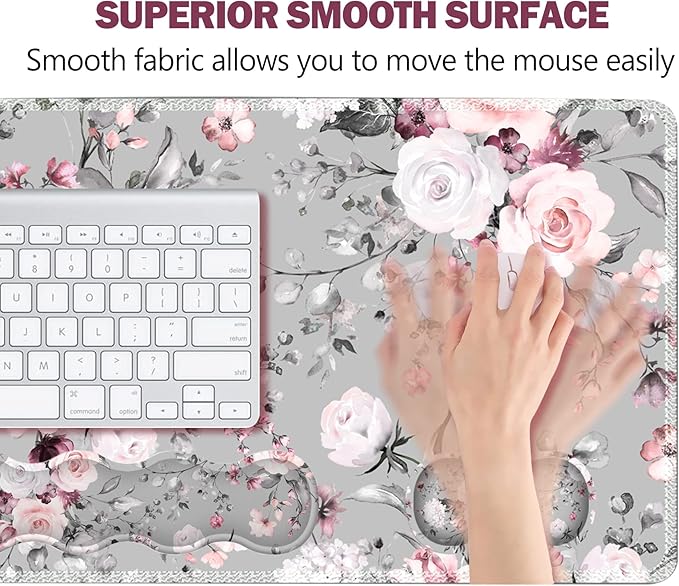 Upgraded Extended Gaming Mouse Pad Keyboard Wrist Rest Pad Wrist Support Mousepad Set Artso Large Stable Rubber Base Stitched Edges Multifunctional Desk Pad (35 x15.5 in) for Work Game Grey Rose