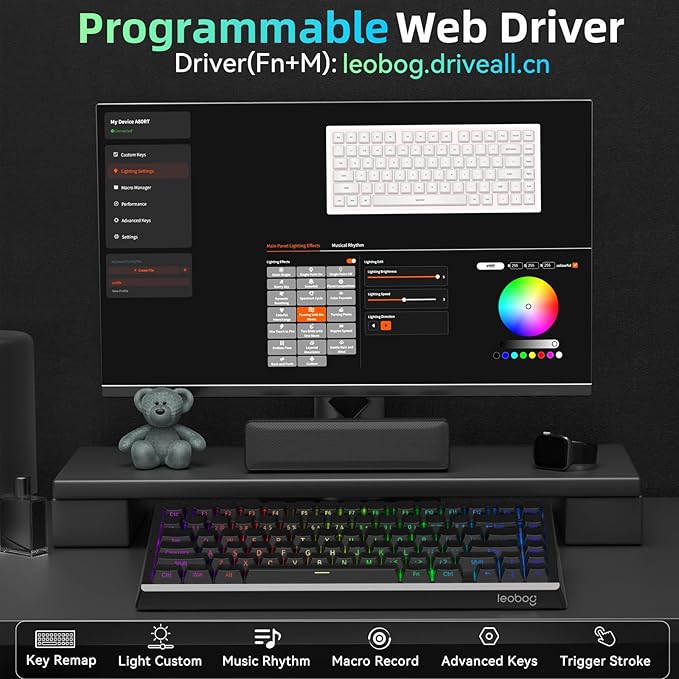 LEOBOG A80 RT Hall Effect Gaming Keyboard Wired Rapid Trigger Magnetic Switch Keyboard with 0.01mm RT Adjustable Actuation 8000Hz Polling Rate RGB Backlit Mechanical Keyboard 75% for PC Gamer
