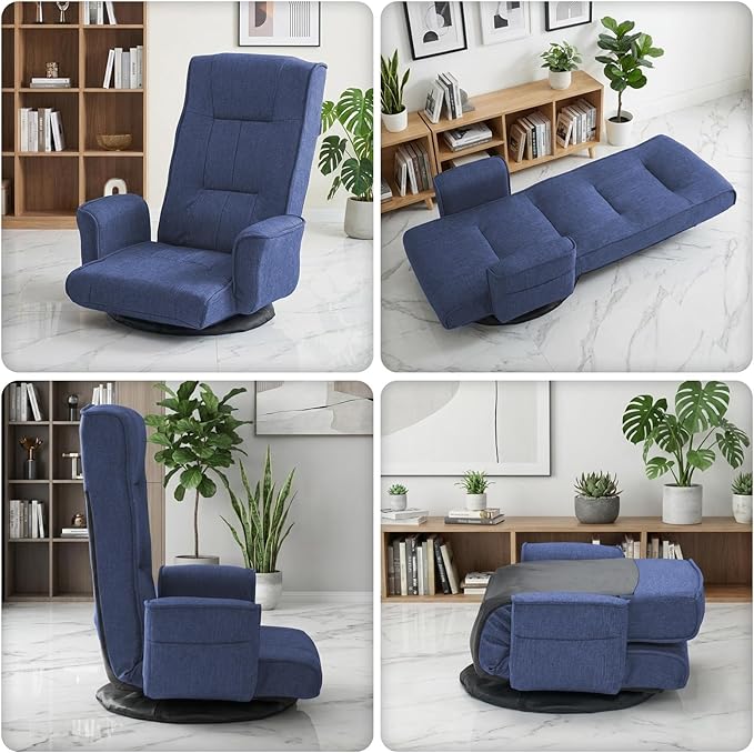 FLOGUOR 360 Swivel Gaming Chair 14-Position Adjustable Folding Floor Sofa with Armrests Lounger Bed for Home &amp Living Room Chaise Lounge Indoor for Adults (Blue-1)