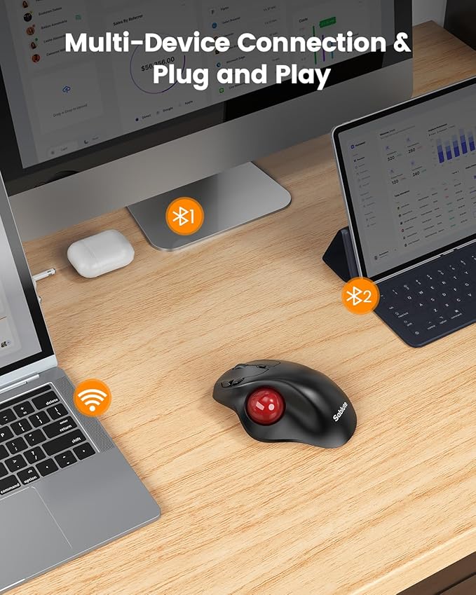SABLUTE Trackball Mouse with 5-Level DPI Ergonomic Mouse Wireless 2.4G Plug-and-Play for 3 Devices