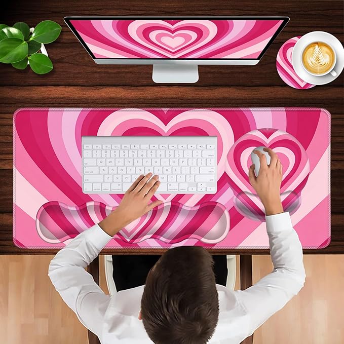 Mouse PadLarge Pink Desk Mat 4in1 XXL Mousepad + Keyboard Wrist Rest+Mouse Wrist Rest+Coaster Set with Ergonomic Desk Pad for Home Office Table Computer-Heart Pink
