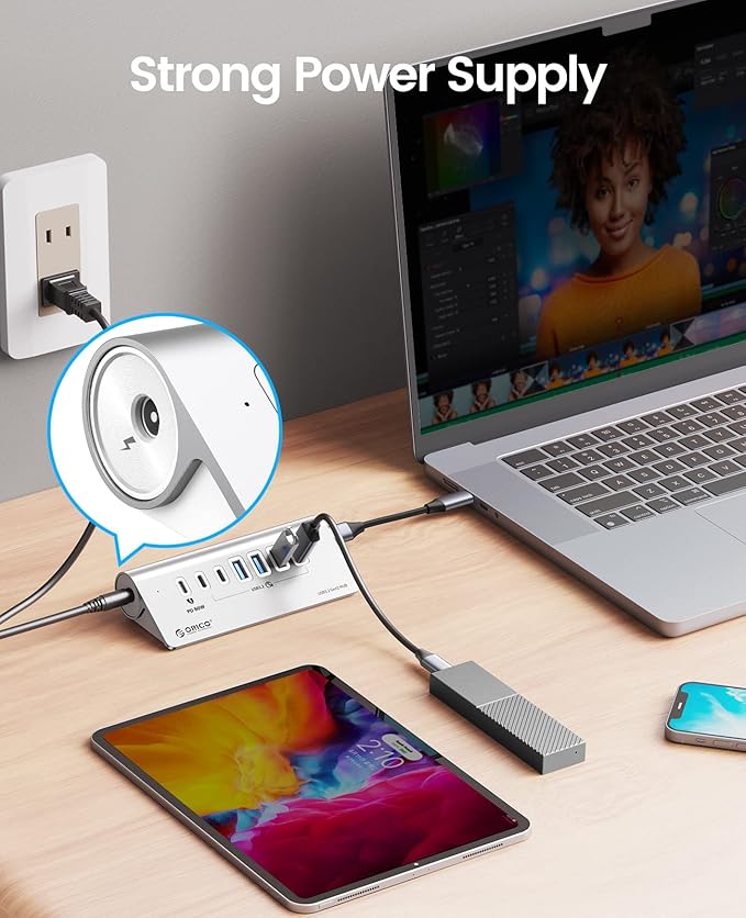 ORICO 7 Port USB Hub 10Gbps Aluminum USB 3.2 Gen 2 Hub 6 USB 3.2 Data Ports PD 60W Ports 1.64Ft C to C Cable USB Data Hub for Laptop