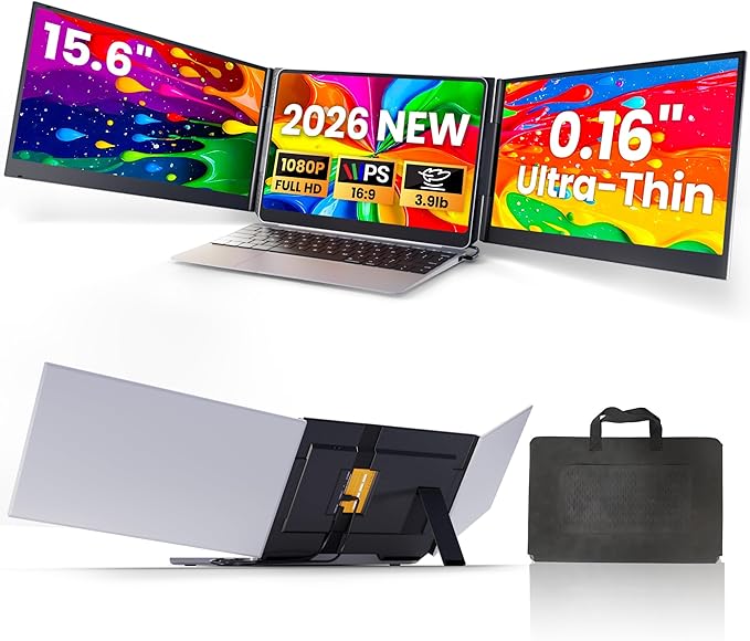 Laptop Screen Extender 15.6 Ultra Light &amp Thin Triple Portable Monitor for Laptop with 1080P FHD IPS Display Two Cable USB-C/HDMI Plug-Play Monitor Extender for Mac/Win/Android Fits 13-17 Lap