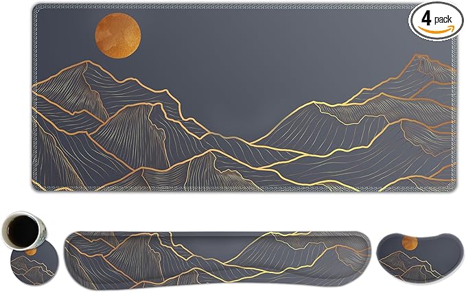 ToLuLu Extended Gaming Mouse Pad Memory Foam Ergonomic Keyboard Mouse Wrist Rest Support Set Large Desk Mat with Stitched Edges Non-Slip Base Mousepad for Home Office and Game Golden Mountain