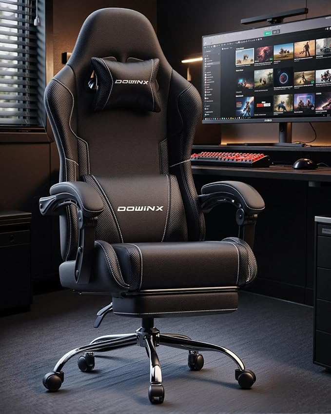 Dowinx Ergonomic Gaming Chair with Footrest &amp Massage Lumbar 2D-Linkage Armrests for Computer Chair 330lbs with Headrest Pillow for Office Home Streaming and Long Gaming Sessions Black