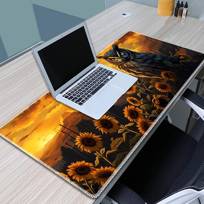 Gaming Mouse Pad Set Large Gaming Mouse Pad+Keyboard Wrist Rest+Mouse Wrist Rest+Coaster Easy Typing Pain Relief 31.5 × 11.8 inch Desk Mat for Home Office - Owl Among Sunflowers at Dusk