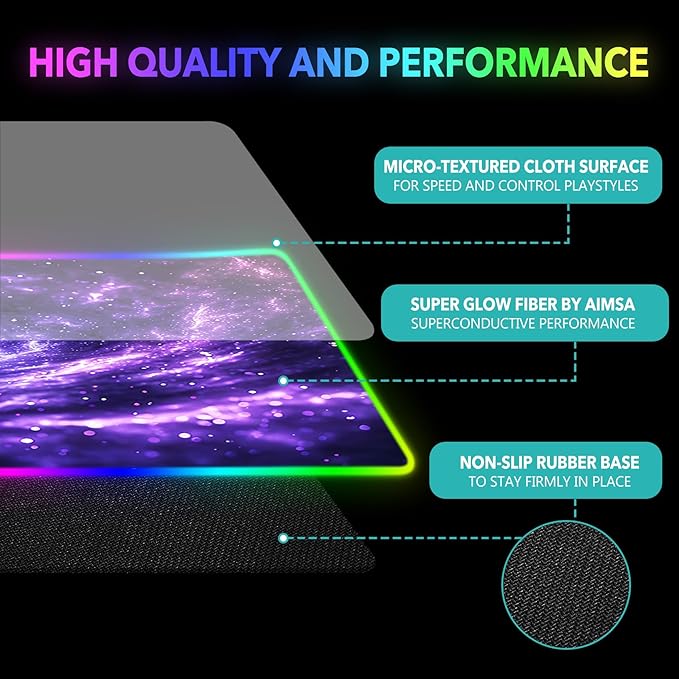 AIMSA RGB Mouse Pad LED Gaming Mouse Pad with 14 Lights Modes Non-Slip Rubber Base Computer Carpet Desk Mat for PC Laptop (35.4 x 15.8 inch) Purple Blue Nebula