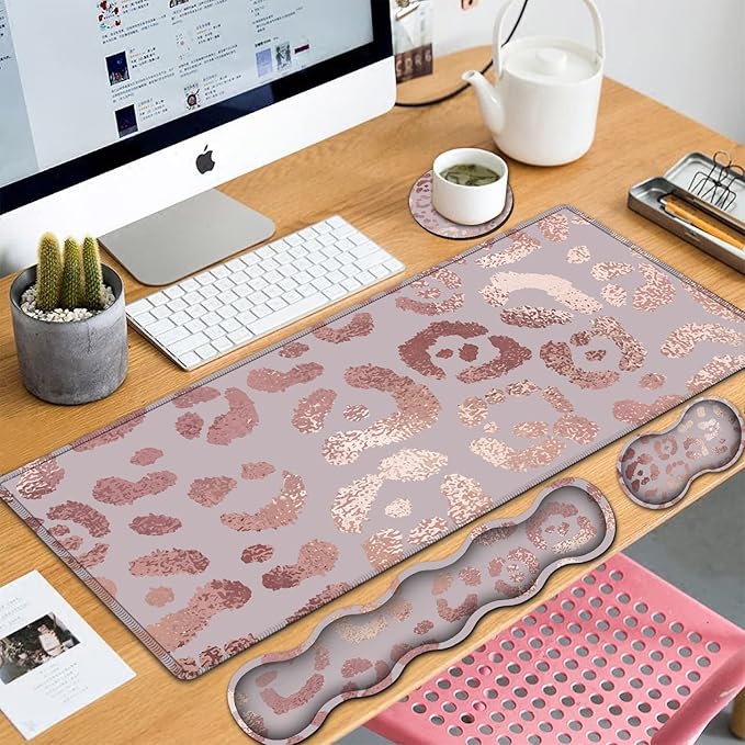 Large Mouse Pad Extended Gaming Mouse Pad 31.5x11.8 Ergonomic Memory Foam Keyboard Wrist Rest Supportfor Home Laptop Working Big Office Desk Pad with Non-Slip Base Rose Gold Leopard Pink Desk Mat