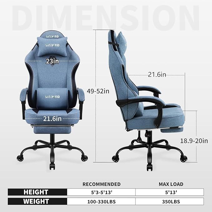 Gaming Chair Video Gaming Chairs for Adults Fabric Comfortable Computer Chair with Footrest Pocket Spring Cushion High Back Ergonomic Gamer Chair with 360° Swivel Seat for Office (Blue)