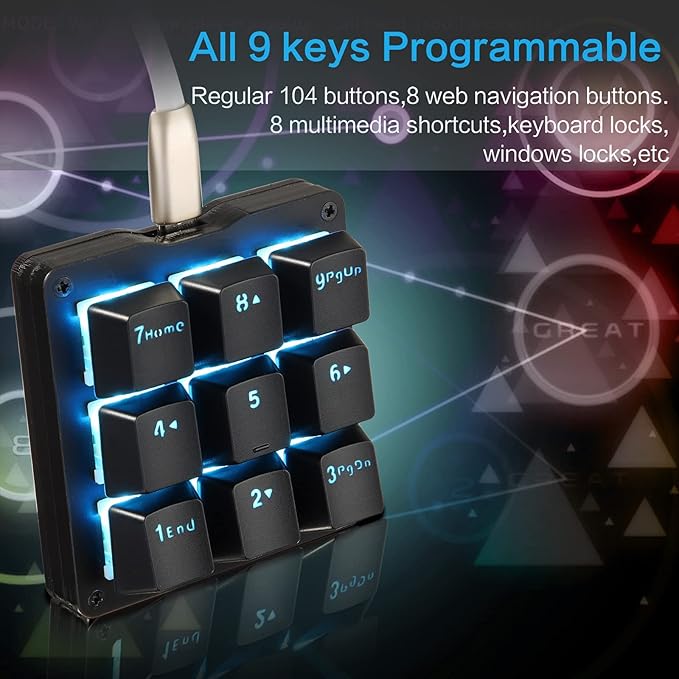 Koolertron Mechanical Numpad Macro Keyboard 9-Key Numeric Keypad LED Backlit Gaming Keyboard Fully Programmable Number Pad Keyboard Computer High Ground Mechanical Macro Number Keypad