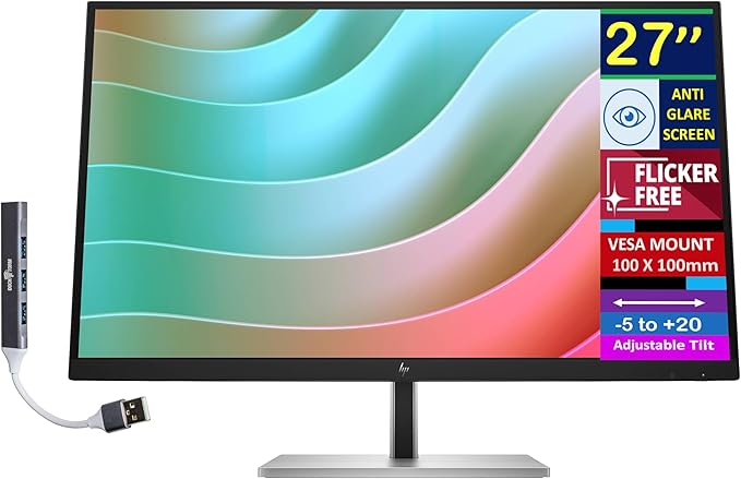 HP E27k G5 27 4K UHD IPS USB-C Monitor with 5ms Response Time Anti Glare Flicker Free VESA Mount (100mm) Displayport HDMI &amp Dockztorm USB Port Expander Black/Silver Color (6N4C4AA#ABA)