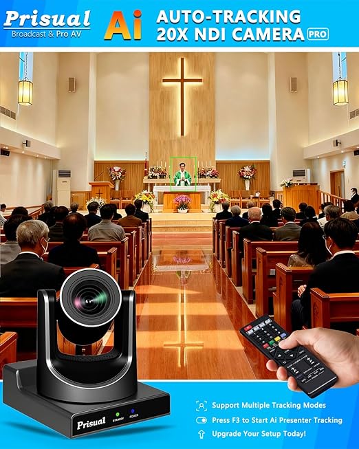Prisual NDI PTZ Camera System Gen 5 NDI 6 &amp NDI HX3 Certified 20X Optical Zoom AI Auto Tracking PoE HDMI SDI Bundle PTZ for Church WorshipNDI PTZ Controller (NDI PTZ Bundle TEM-20N PRO+TEM-J