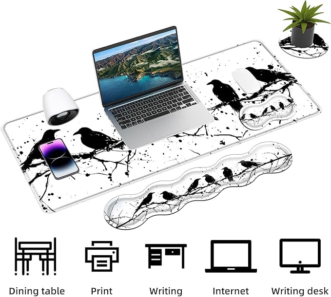 Keyboard Mouse Pad Set Extended Gaming Mouse Pad+Ergonomics Keyboard Wrist Rest Support Memory Foam Easy Typing Pain Relief 4Pcs XL Ultra Thick Desk MatRaven Silhouettes