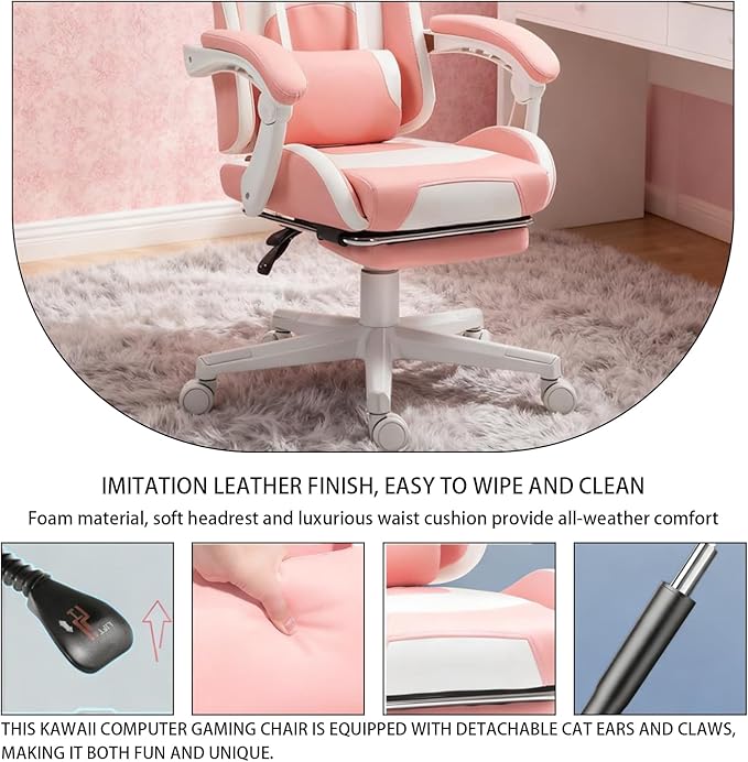 Gaming Chair with Footrest Cute Cat Gamer Chair with Reclining Massage Lumbar Support and Headrest for Cute Home Office Setup Pink