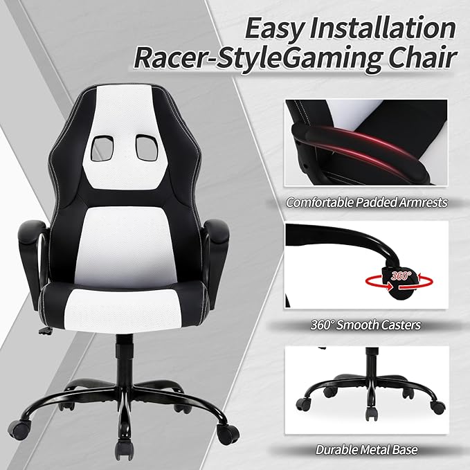 Office Chair Ergonomic Gaming Chair High Back Computer Desk Chair with Lumbar Support Adjustable PU Leather Gamer Chair Comfortable Racing Style for Adults Teens Kids (Classic Version White)