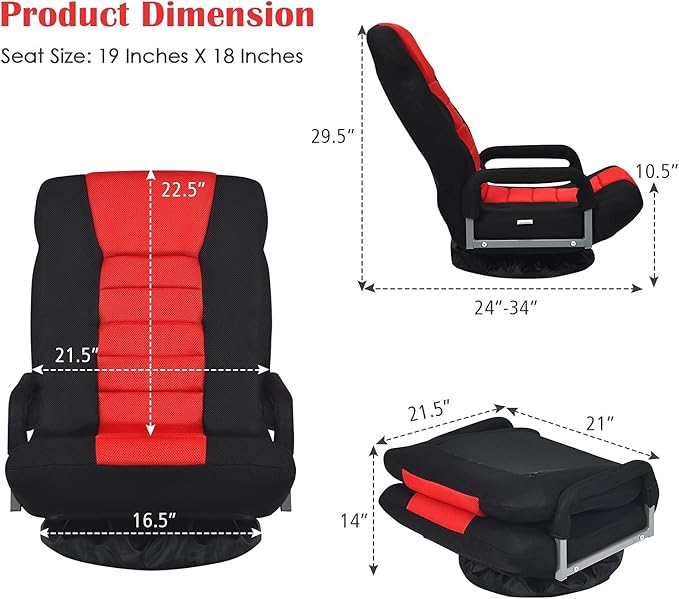 ERGOMASTER 360 Degree Swivel Video Gaming Floor Chair w/Armrests Adjustable 6-Position Folding Floor Chair Padded Backrest for Game Reading (Black/Red)
