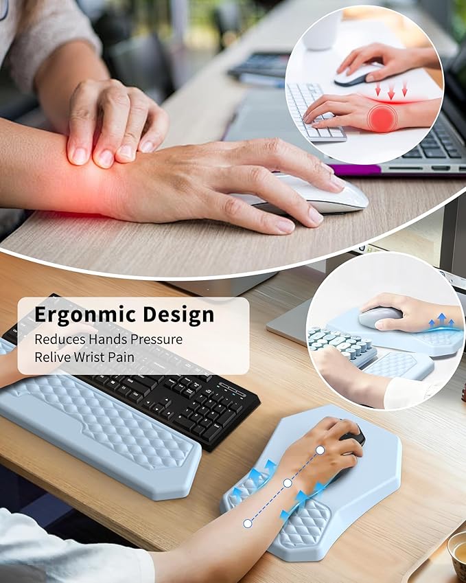 Ergonomic Mouse Pad Wrist Rest Support Massage Design Surface for Carpal Tunnel Pain Relief Memory Foam Non-Slip PU Base for Computer Desk Sky Blue
