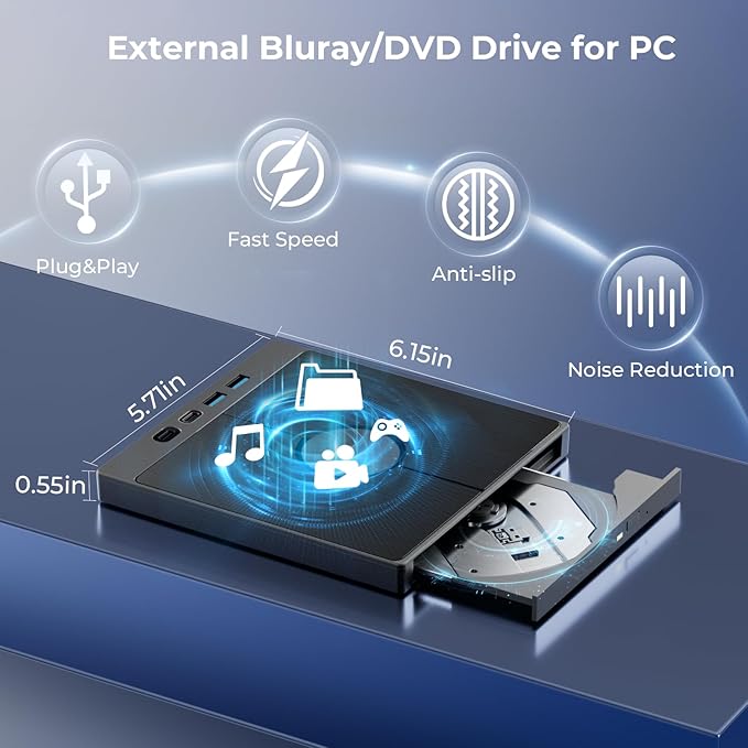 7-in-1 External Blu-ray Drive External Bluray Burner Support 100G Disc External Blueray/DVD Drive for PC with USB 3.0/Type-C/SD/TF Card Ports USB Blu Ray Drive External for Windows Mac OS Linux