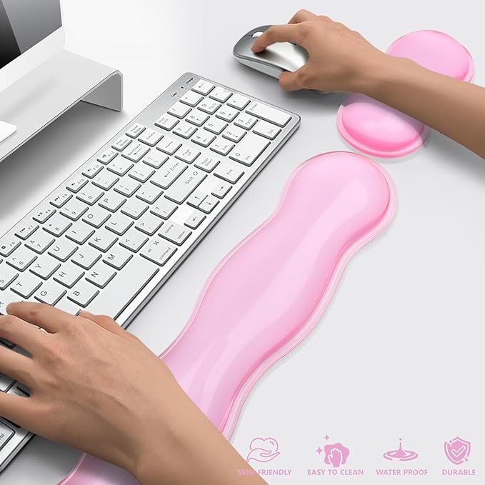 Gel Keyboard and Mouse Wrist Rest Cute Wrist Support and Arm Support Keyboard Rest for Keyboard and Mouse Typing Pain ReliefSuitable for Office/Computer/Laptop/Gaming (Transparent Pink Set)