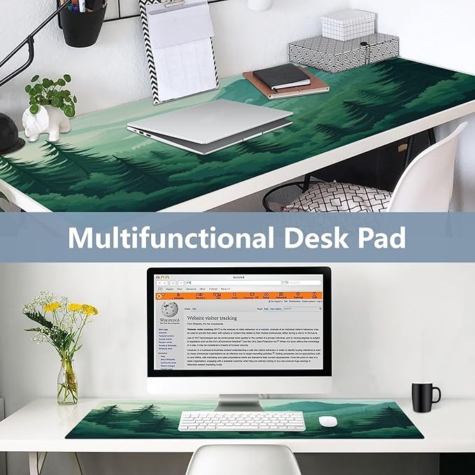 Mouse Pad Desk Mat Leather Desk Pad Large Gaming Desk Cover Protector Mat for Keyboard Computer Laptop Office Waterproof 47.2 x 23.6 Inch Green Forest Trees