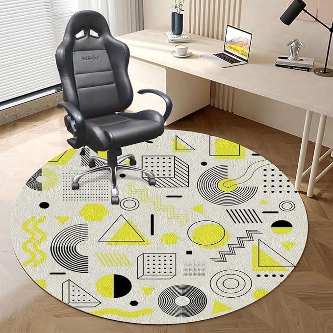Yellow PU Leather Chair Mat for Hard Floors 90s Geometric Pattern Navy Protects FloorsSuitable for HomeWorkGameNon-Slip Not Stuck WheelEasy to Clean Valentines Diameter 59 in