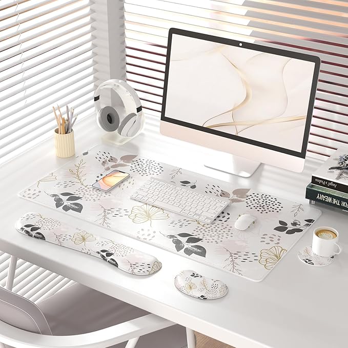 QIYI Leather Desk Mat Set 4-in-1 Large Mouse Pad with Wrist Rest Non-Slip Desk Pad + Keyboard Wrist Rest + Mouse Wrist Support + Coaster Office Desk Accessories Home Decor Supplies Botanical Leaf