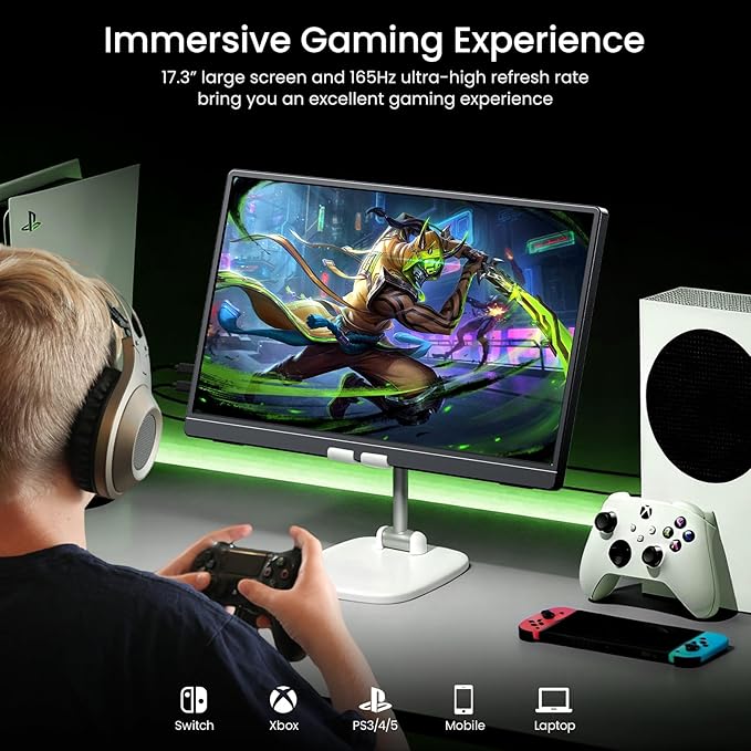 VILVA 17.3'' Portable Monitor 2.5K QHD 165Hz Gaming Display Ultra-Slim Metal Body Built-in Stand USB-C HDMI External Monitor for Laptop PC PS5 Xbox Switch