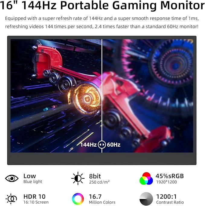 Portable Gaming Monitor 16 Inch 144Hz 1080P FHD Kickstand Portable Monitor External Second Screen for Laptop PC PS5 Mac Xbox