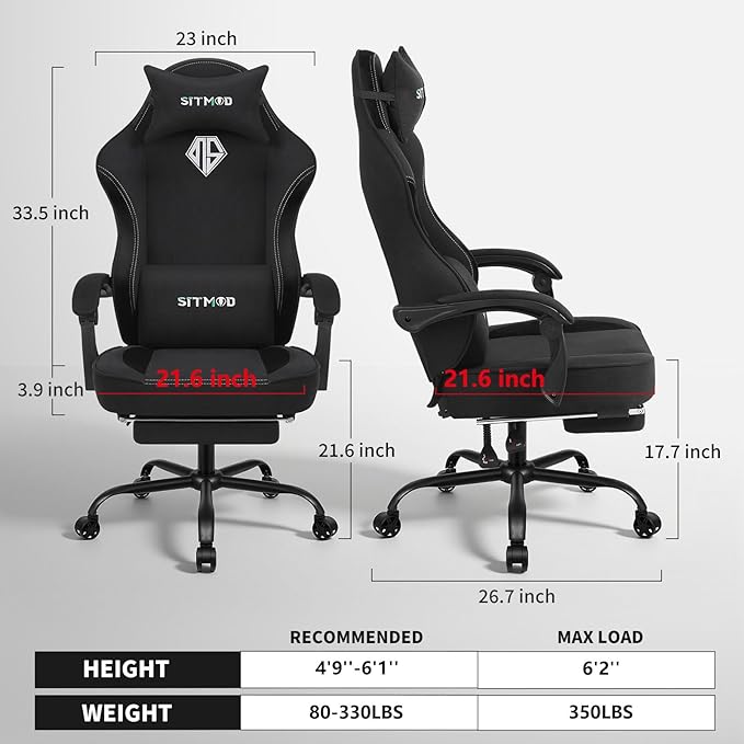 Gaming Chair Video Gaming Chairs for Adults Comfy Fabric Computer Office Chair with Pocket Spring Cushion 350lb Heavy Duty Ergonomic Gamer Chair 360° Swivel Lumbar Headrest 90-150° Recline Black