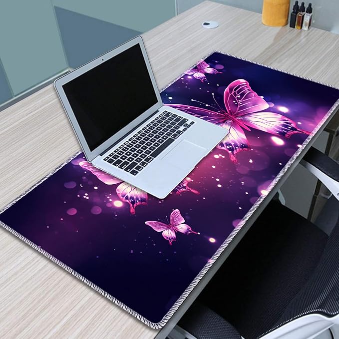 Gaming Mouse Pad Set Large Gaming Mouse Pad+Keyboard Wrist Rest+Mouse Wrist Rest+Coaster Easy Typing Pain Relief 31.5 × 11.8 inch Desk Mat for Home Office - Pink Purple Butterfly
