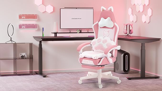 Dowinx Gaming Chair Cute with Cat Ears and Paw Lumbar Ergonomic Computer Chair for Girl with Footrest and Headrest Comfortable Reclining Game Chair 290lbs for Adult Teen Pink